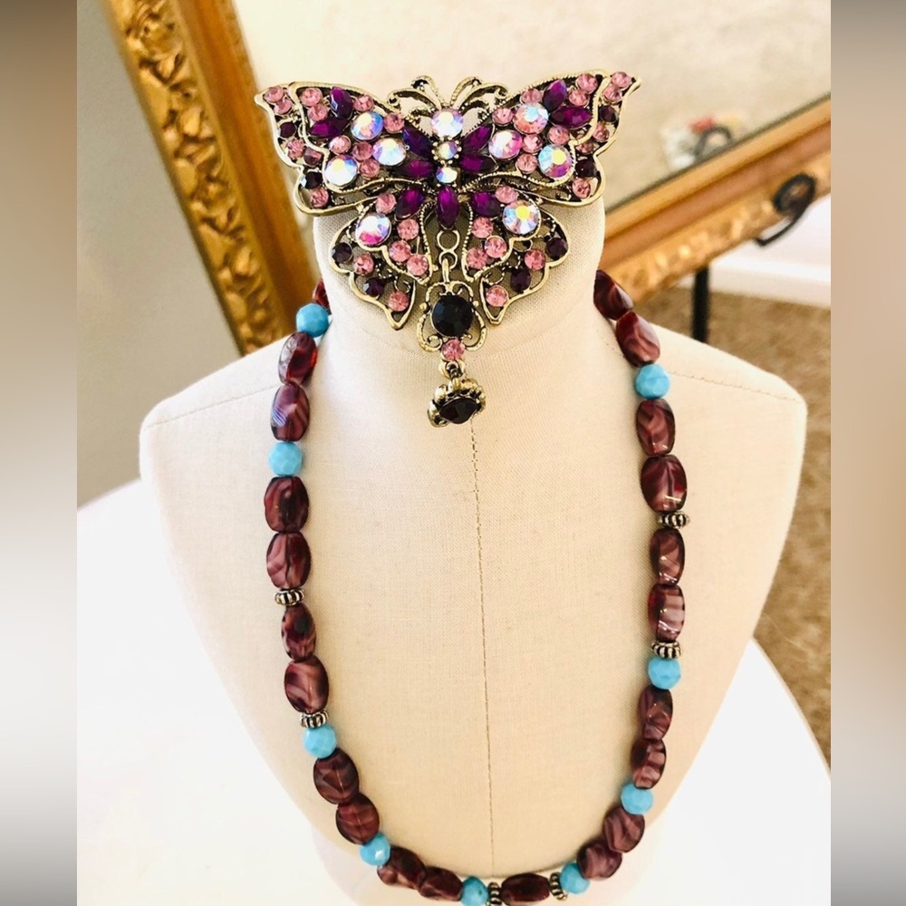 Vintage Purple Rhinestone Butterfly Brooch & Art Glass Necklace